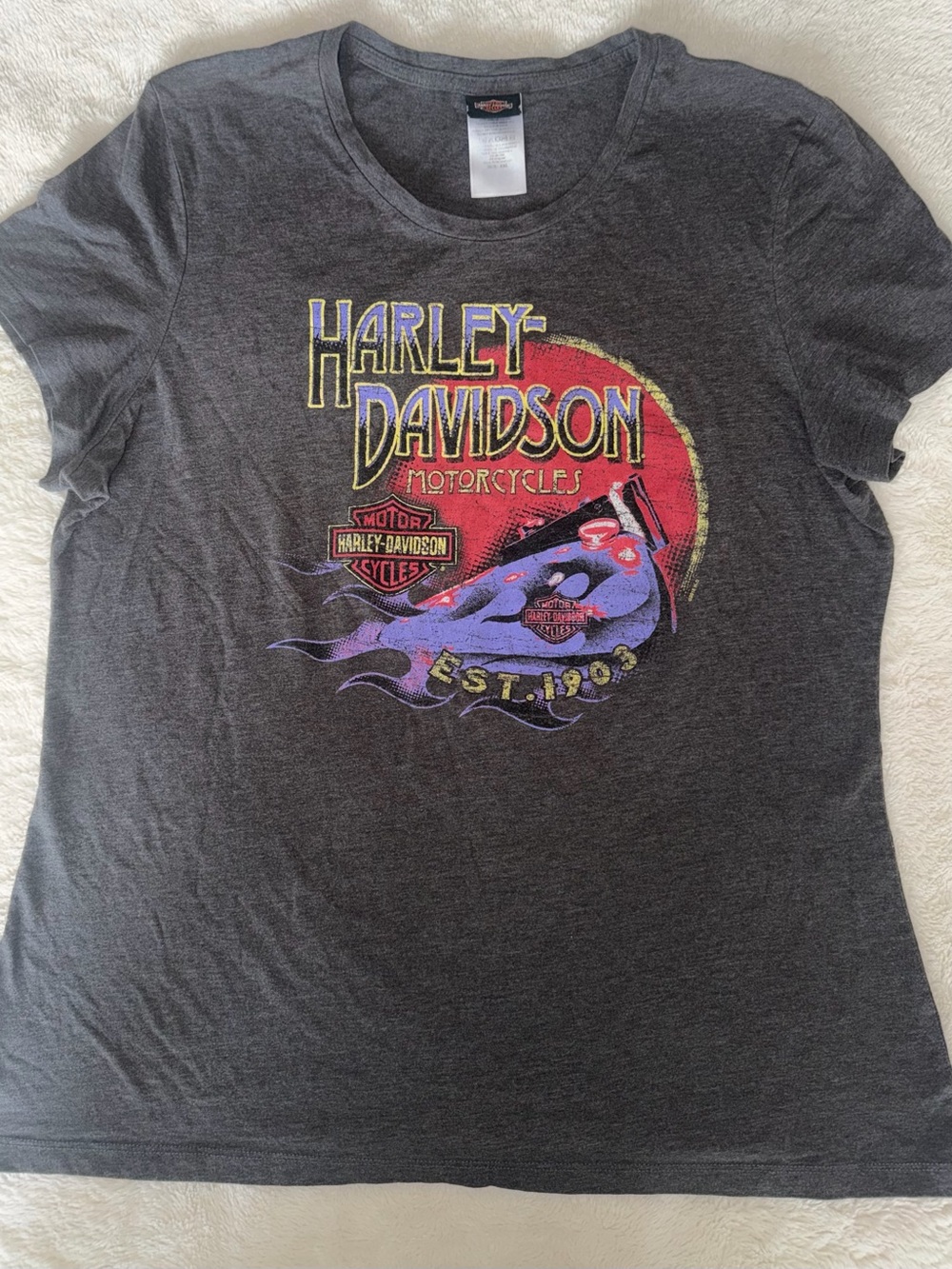 Harley-Davidson Charcoal Graphic Tee with Purple & Red Accents